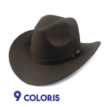 Chapeau Fedora Cowboy marron foncé sur fond blanc avec marqué neuf coloris