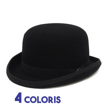 Chapeau Melon noir 3/4 face avec galon noir sur fond blanc et marqué 4 coloris