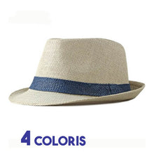 Chapeau Panama entièrement en paille beige et bleu 3/4 face sur fond blanc avec marqué quatre coloris