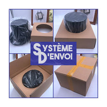 Photos de l'envoi d'un chapeau via un système d'envoi sécurisé dans un carton spécialement préparé pour ne pas froisser le haut de forme