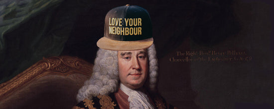 Portrait d'Henry Pehlam par William Hoare parodié en portant une casquette baseball avec marqué Love Your Neighbor