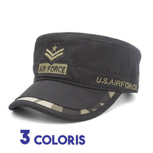 Casquette Armée noir et bande camouflage patch air force 3/4 face sur fond blanc avec marqué trois coloris