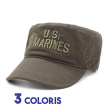 Casquette Armée verte patch US Marines 3/4 face sur fond blanc avec marqué trois coloris