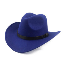 Chapeau Fedora Cowboy bleu sur fond blanc avec galon cuir noir