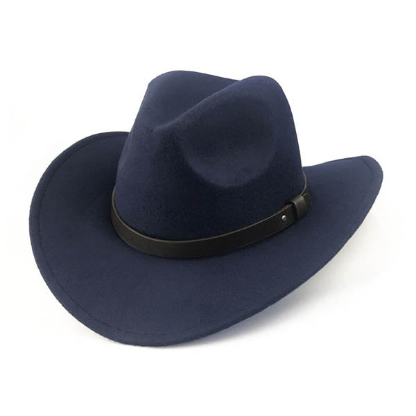 Chapeau Fedora Cowboy bleu marine sur fond blanc avec galon cuir noir
