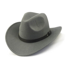 Chapeau Fedora Cowboy gris sur fond blanc avec galon cuir noir