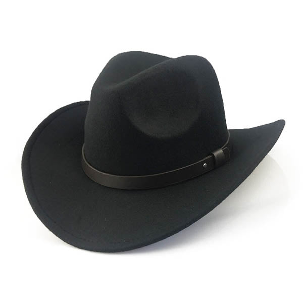 Chapeau Fedora Cowboy noir sur fond blanc avec galon cuir noir
