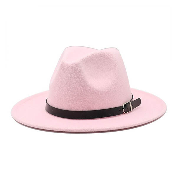 Chapeau Fedora rose clair 3/4 face sur fond blanc avec bandeau extérieur noir cuir