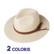 Chapeau Panama clair 3/4 face sur fond blanc avec galon cuir bohème et marqué 2 coloris
