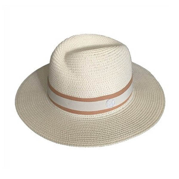 Chapeau Panama couleur beige galon blanc marron 3/4 face sur fond blanc