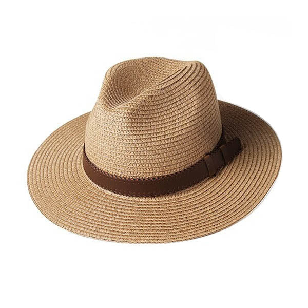 Chapeau Panama Beige 3/4 face et bandeau marron sur fond blanc
