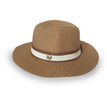 Chapeau Panama couleur paille galon blanc marron 3/4 face sur fond blanc