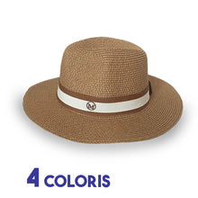 Chapeau Panama couleur paille galon blanc marron 3/4 face sur fond blanc avec marqué quatre coloris