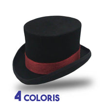 Haut de Forme noir galon rouge 13 cm sur fond blanc avec marqué quatre coloris